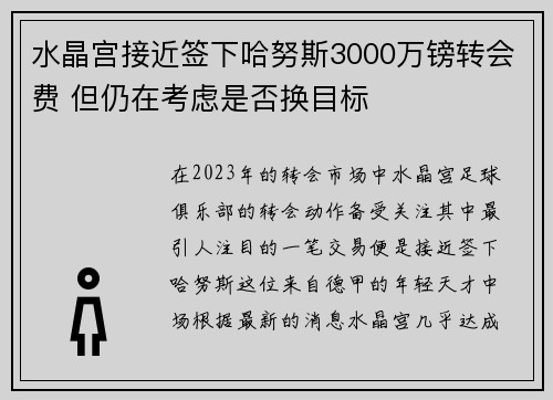 水晶宫接近签下哈努斯3000万镑转会费 但仍在考虑是否换目标